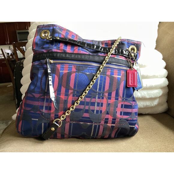 💙❤️🖤 Coach Poppy Tartan Slim Tote Plaid w/ Chain 21136 💙❤️ - Picture 1 of 7